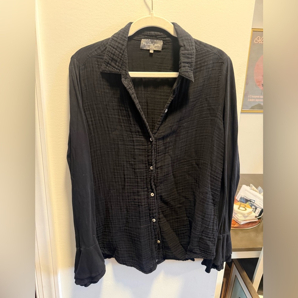 Michael Stars Women’s Black Gauze Button Down Shirt with Ruffled sleeves - M